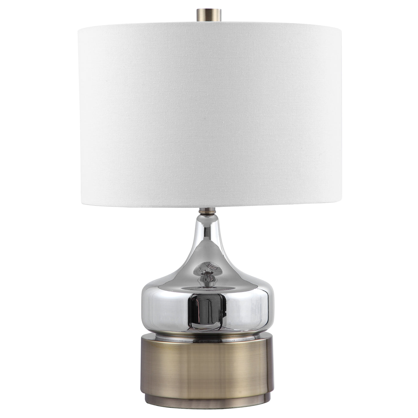 Paying Homage To Mid-century Style, This Table Lamp Features A Chrome Plated Glass Base Displayed On A Chunky Antique Bras...