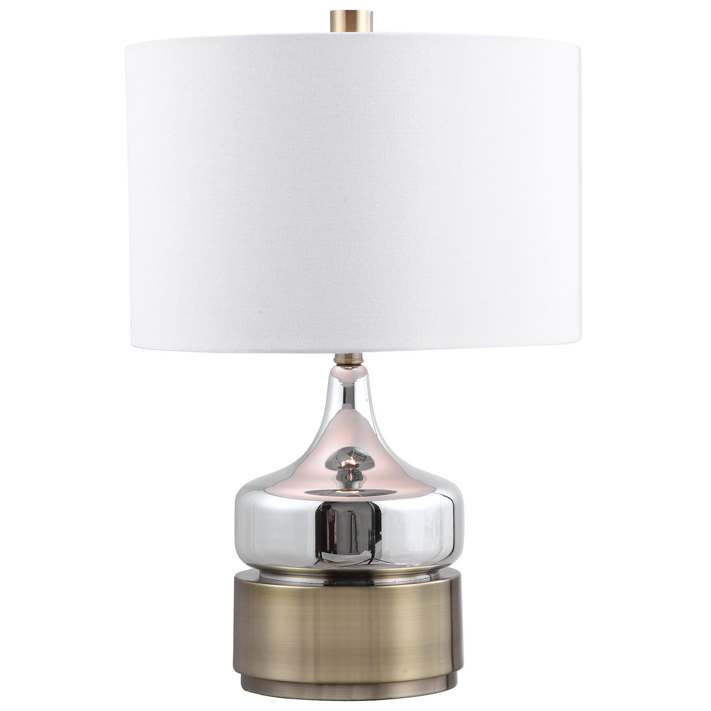 Paying Homage To Mid-century Style, This Table Lamp Features A Chrome Plated Glass Base Displayed On A Chunky Antique Bras...