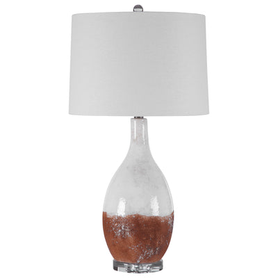 This Table Lamp Features A Ceramic Base Finished In An Earthy Terracotta Rust That Transitions Into A Crackled Aged White ...