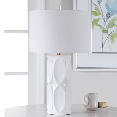 This Ceramic Table Lamp Showcases A Touch Of Mid-century Style With A Dimensional Geometric Design Finished In A Glossy Wh...