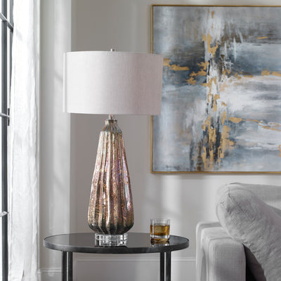 Elegant And Sophisticated, This Art Glass Table Lamp Displays A Deep Ridged Design With Colorful Light Blue And Rust Tones...