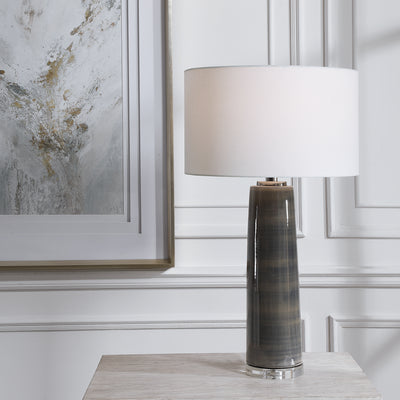 Simple And Contemporary, This Ceramic Table Lamp Showcases A Subtle Striped Charcoal Gray Glaze, Accented With Polished Ni...