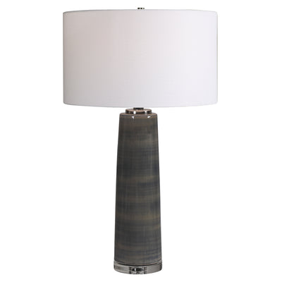 Simple And Contemporary, This Ceramic Table Lamp Showcases A Subtle Striped Charcoal Gray Glaze, Accented With Polished Ni...