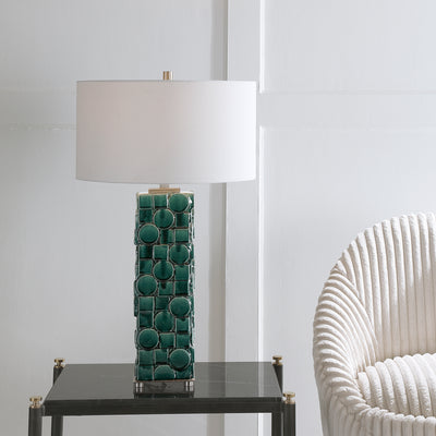 Sporting A Fun, Contemporary Design, This Ceramic Table Lamp Showcases A Geometric Square And Circle Motif Finished In A D...