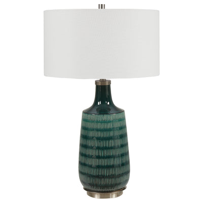 Finished In A Stunning Deep Teal Glaze, This Ceramic Table Lamp Features Hand Carved Organic Vertical Lines Accented With ...