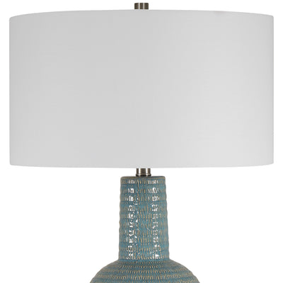 Simple Yet Sophisticated, This Ceramic Table Lamp Is Finished In A Distressed Light Aqua Glaze With Intricate Hand Carved ...
