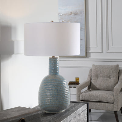 Simple Yet Sophisticated, This Ceramic Table Lamp Is Finished In A Distressed Light Aqua Glaze With Intricate Hand Carved ...