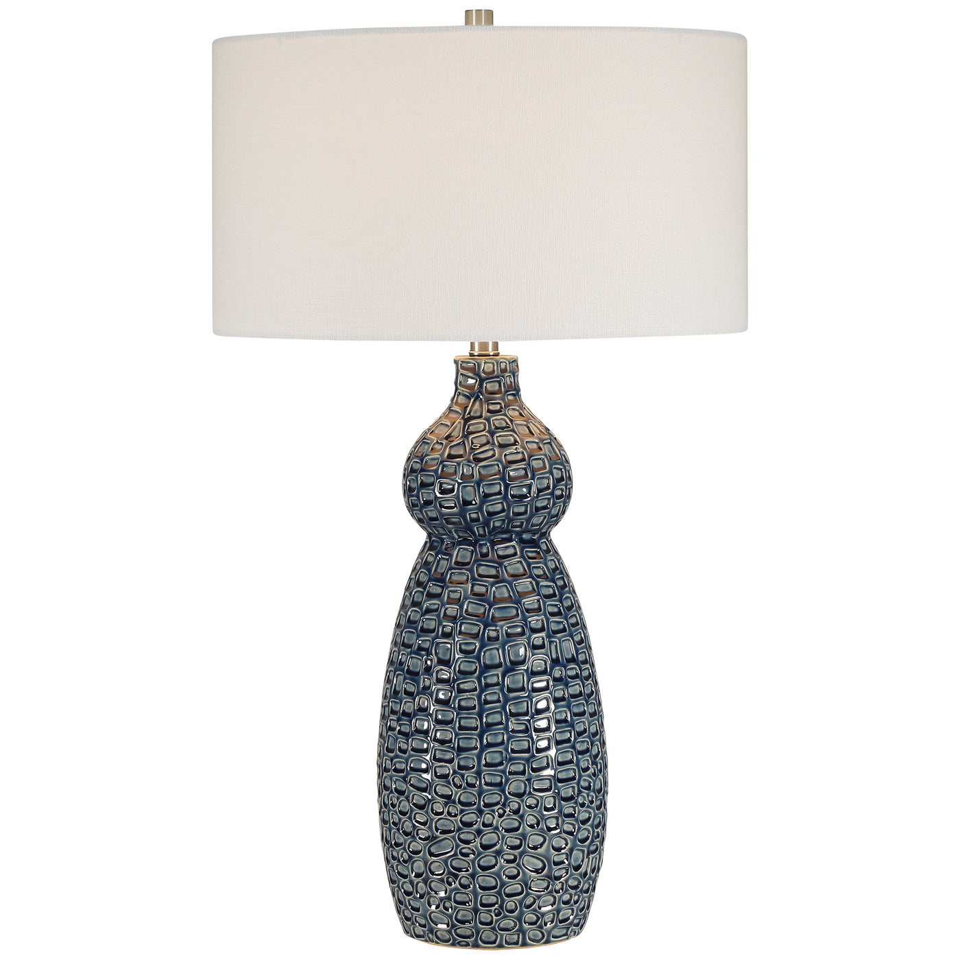 Based On Mid-century Modern Designs, This Ceramic Table Lamp Features A Curved Base With Carved Geometric Details Finished...