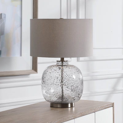 Modern Style Table Lamp Features A Translucent Art Glass Base With Abstract Black Flecks Throughout, Accented With Brushed...
