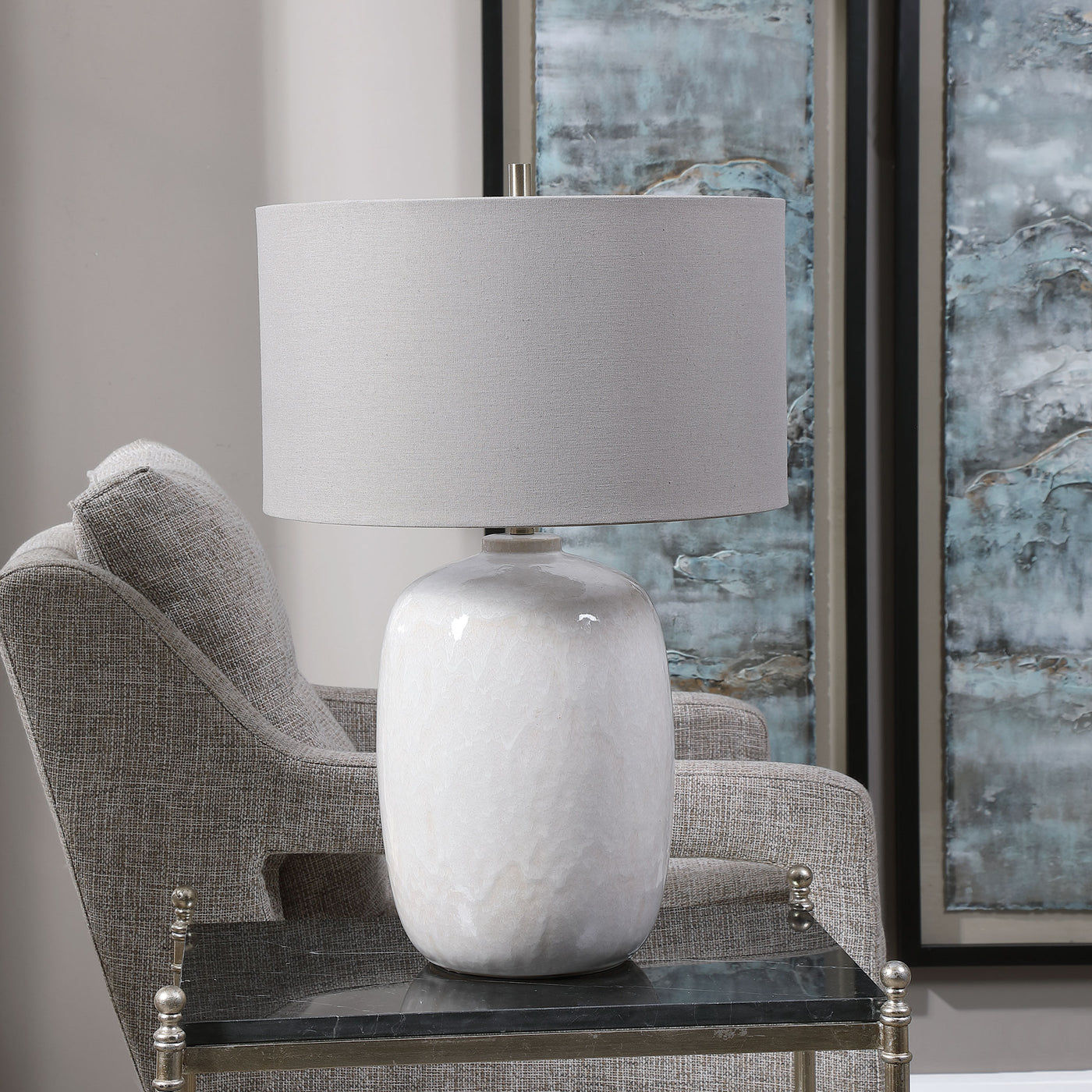 Simple Yet Versatile, This Ceramic Table Lamp Features A Cream-ivory Drip Glaze With Subtle Texture, Accented By Brushed N...