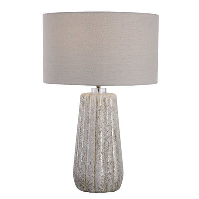 This Ceramic Table Lamp Features A Fluted Design With A Porous Texture Finished In A Stone-ivory And Taupe Glaze, Accented...