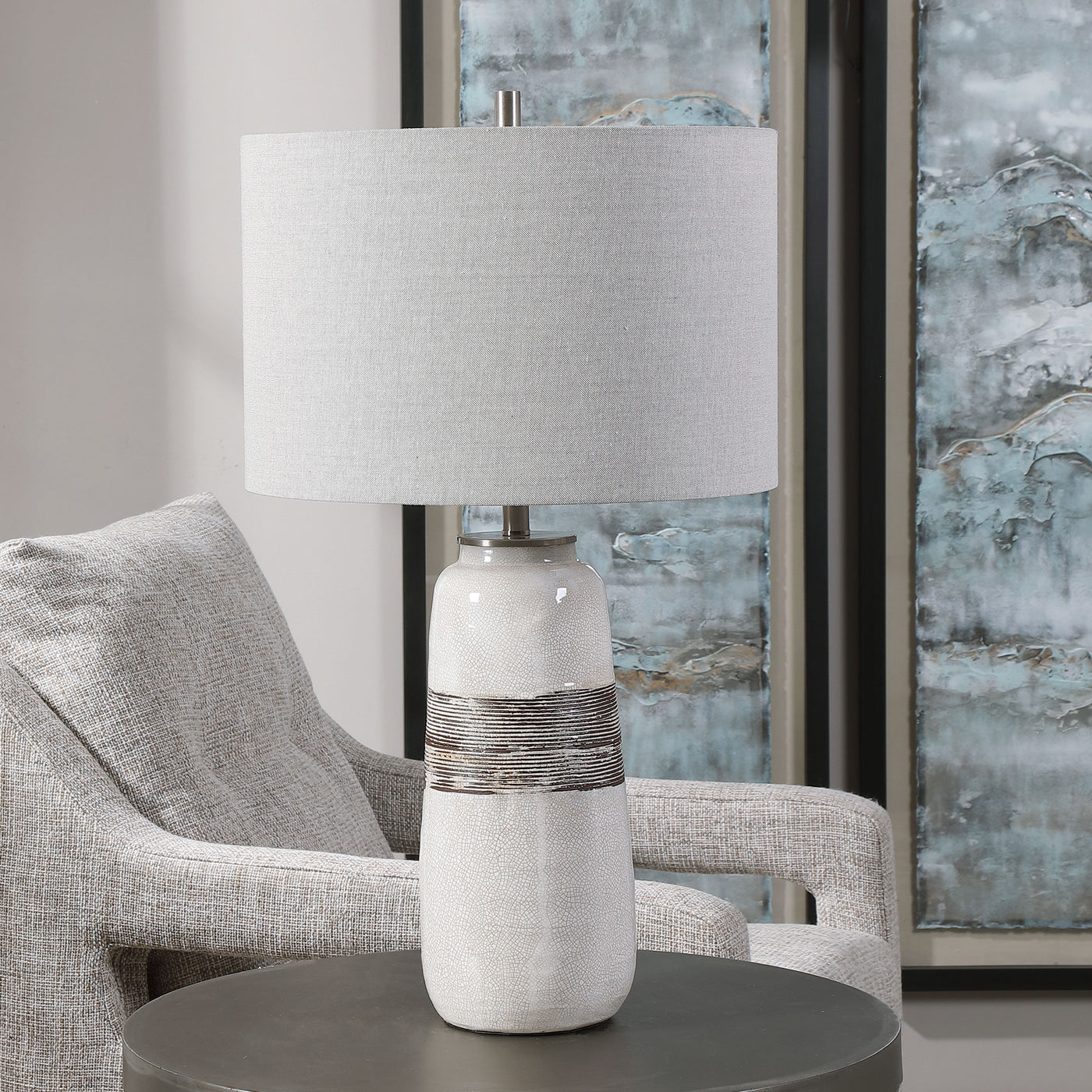 Showcasing A Rustic Casual Look, This Ceramic Table Lamp Features An Off-white Crackle Glaze With Distressed Rust Brown De...