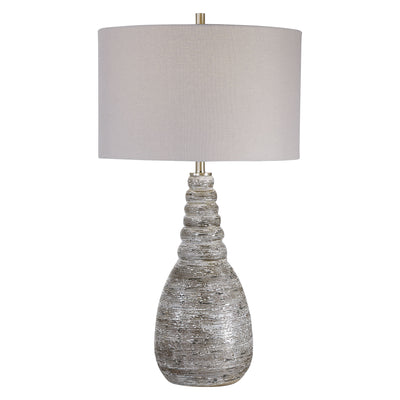 Displaying A Unique Shape, This Ceramic Table Lamp Showcases A Noticeable Ribbed Texture Finished In A Distressed Rust Bro...