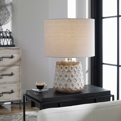 A Transitional Take On An Old-world Look, This Ceramic Table Lamp Features A Heavily Distressed Blue-gray Crackle Glaze Wi...