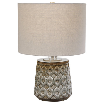 A Transitional Take On An Old-world Look, This Ceramic Table Lamp Features A Heavily Distressed Blue-gray Crackle Glaze Wi...