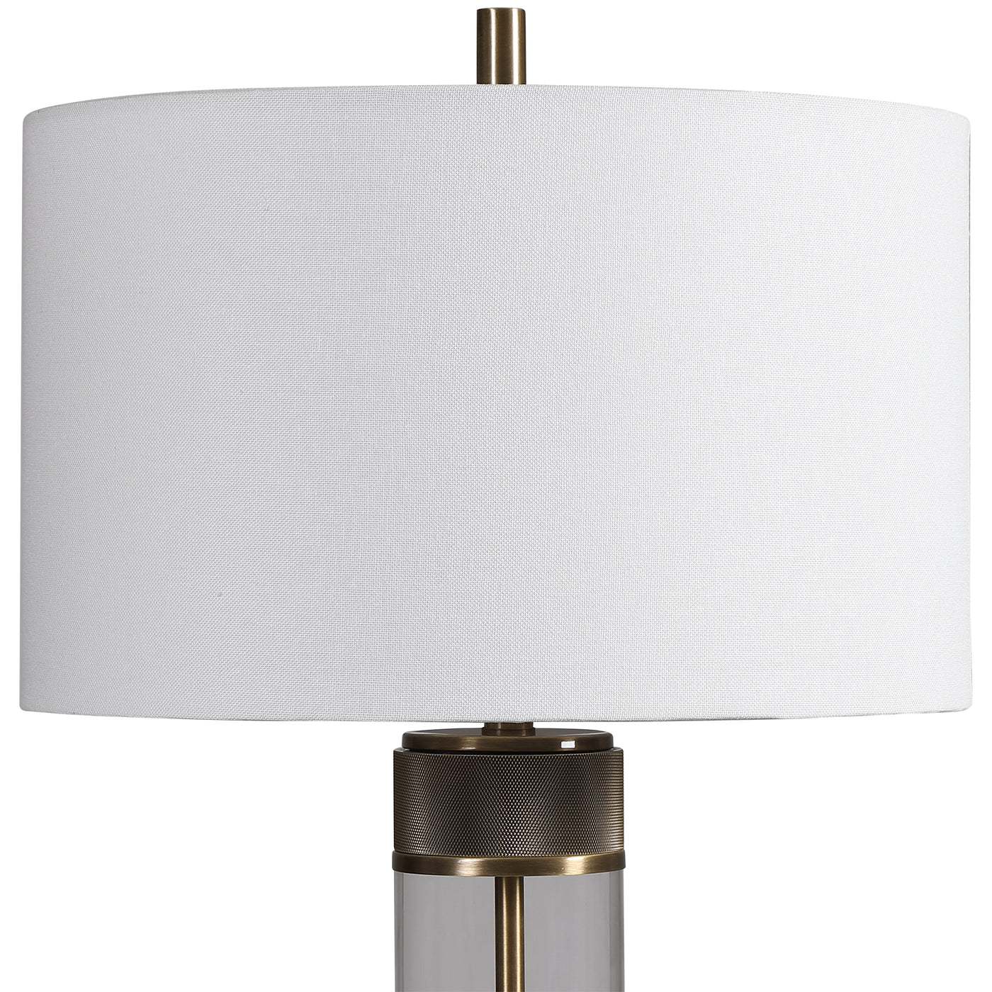 Showcasing A Clean Transitional Look, This Table Lamp Features A Clear Glass Base Accented With Antiqued Brass Plated, Hea...