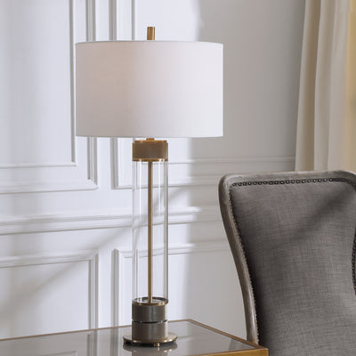 Showcasing A Clean Transitional Look, This Table Lamp Features A Clear Glass Base Accented With Antiqued Brass Plated, Hea...
