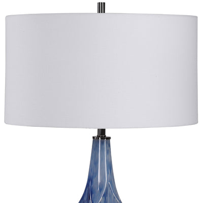 This Ceramic Table Lamp Is Finished In A Beautiful Reactive Indigo Blue Glaze, Accented By Elegant, Polished Nickel And Cr...