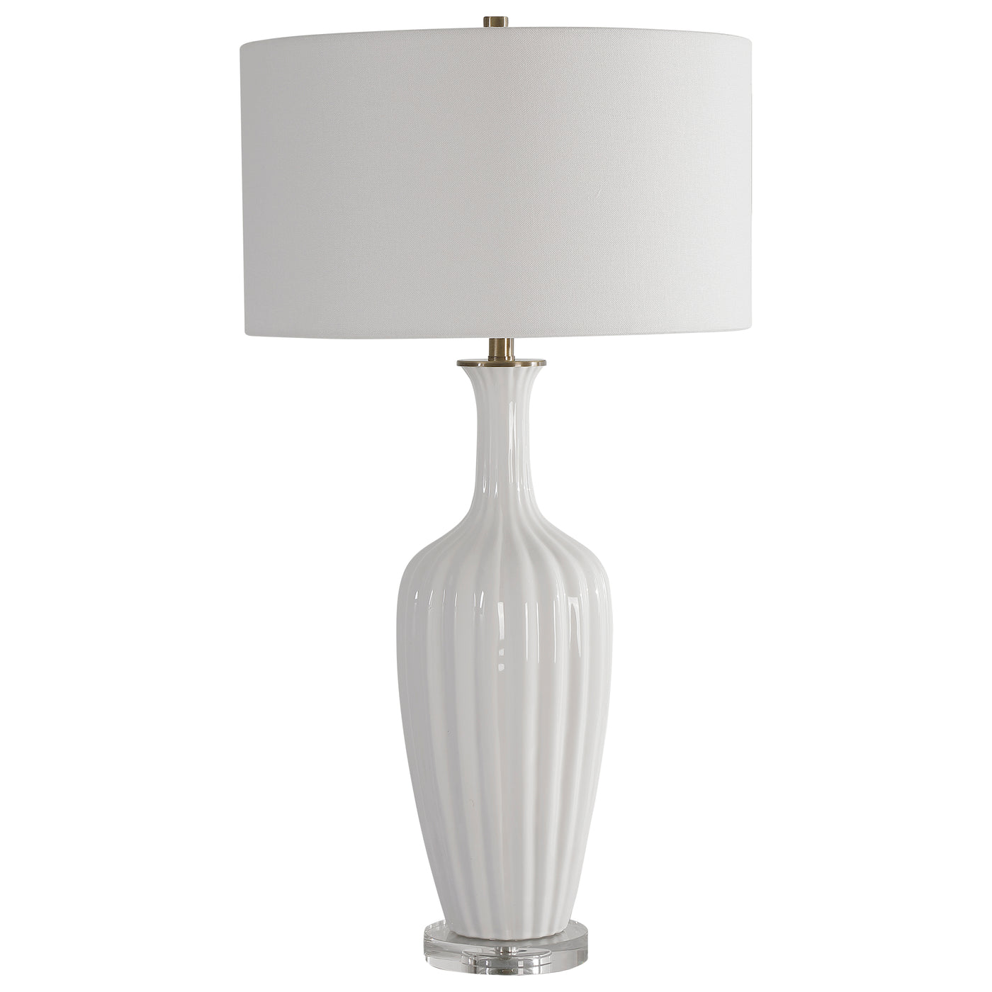 Displaying A Traditional Elegance, This Table Lamp Features A Fluted Ceramic Base In A Gloss White Glaze With Brushed Bras...