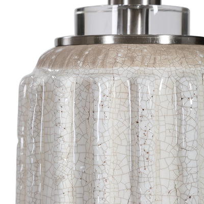 A Nod To Old-world Style, This Ceramic Table Lamp Features A Distressed Cream And Beige Crackle Glaze With A Deep Ribbed T...