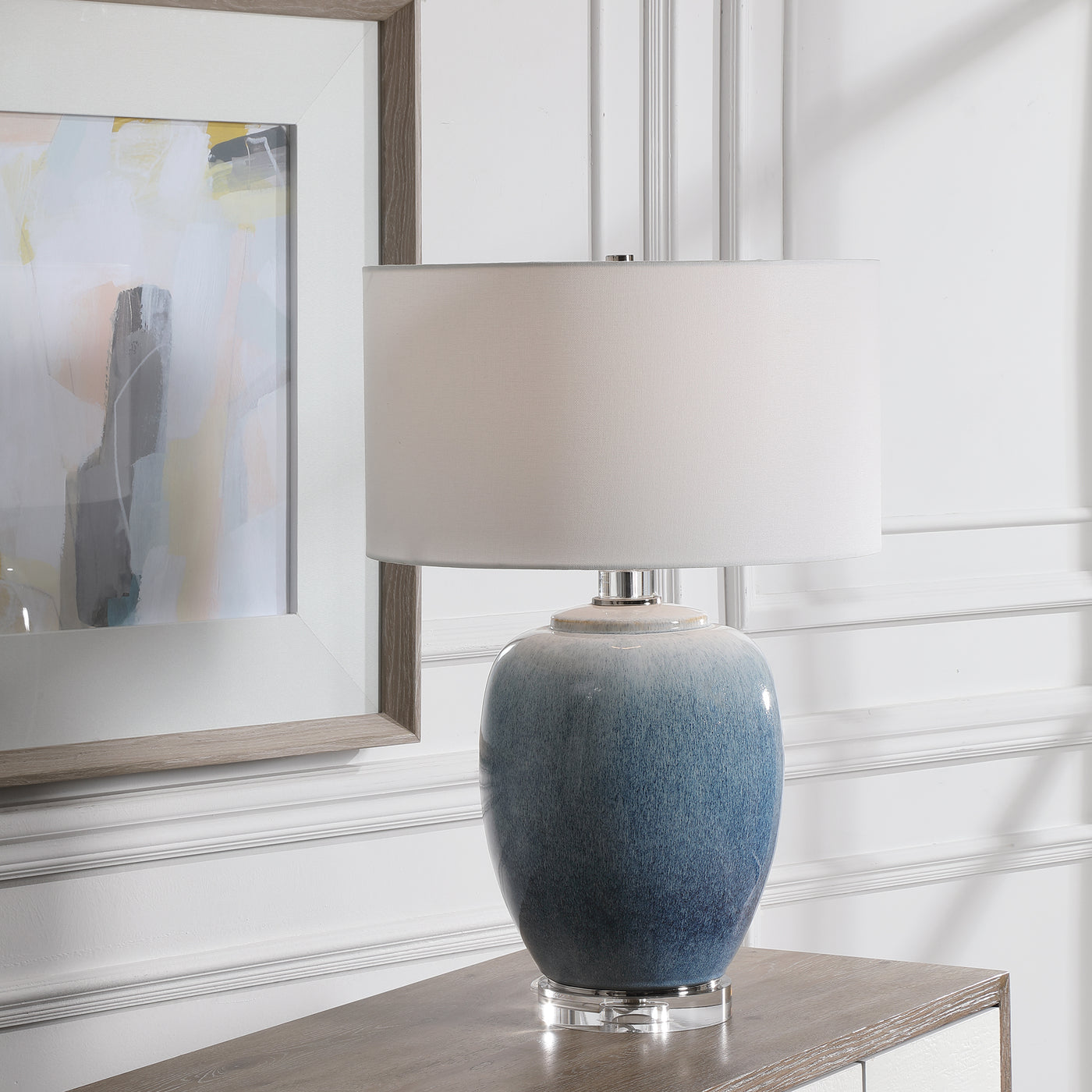 Ceramic Table Lamp Showcases Vibrant Shades Of Cobalt And Aqua That Transition Into A Subtle Ombre Toned Light Blue. Polis...