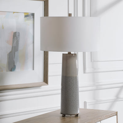 Sleek And Contemporary, This Ceramic Table Lamp Showcases A Two-tone Light Gray Glaze With A Gloss Sheen Top Half And A Te...