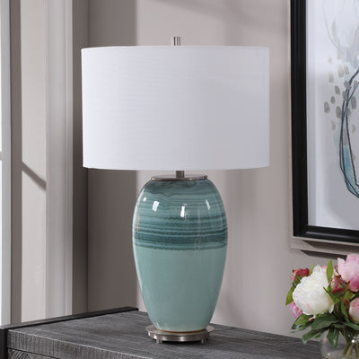 This Ceramic Table Lamp Is Finished In A Beautiful Aqua And Teal Crackle Glaze Paired With Brushed Nickel Plated Accents T...