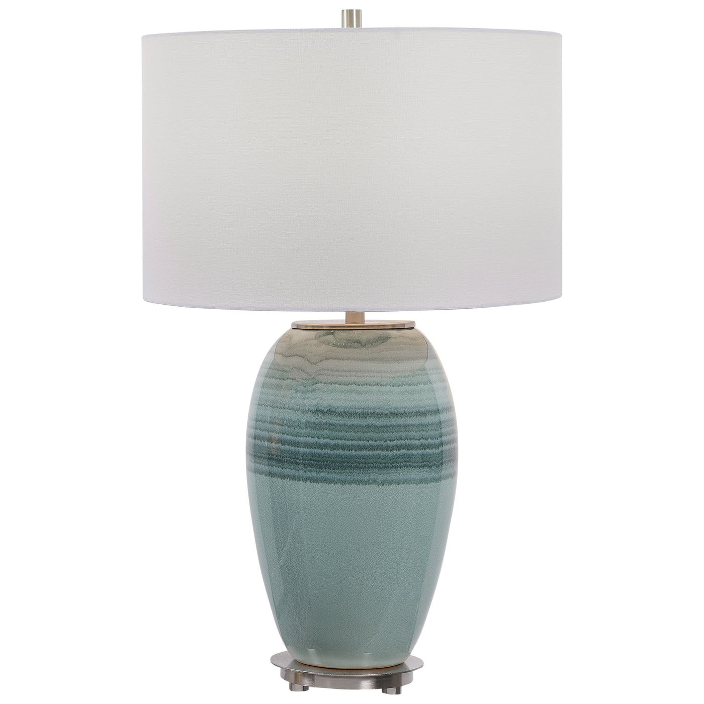 This Ceramic Table Lamp Is Finished In A Beautiful Aqua And Teal Crackle Glaze Paired With Brushed Nickel Plated Accents T...