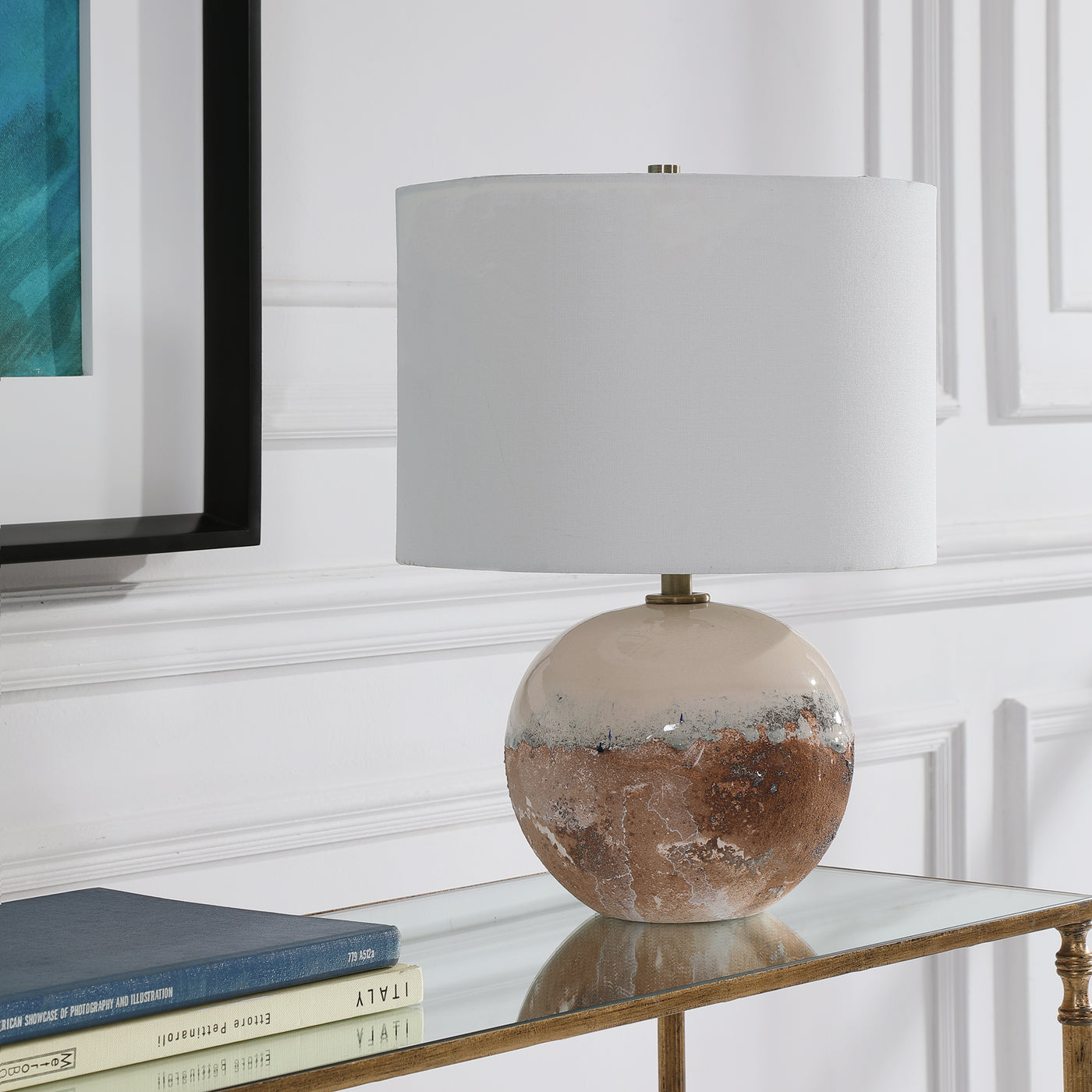 This Accent Lamp Features A Ceramic Base Finished In An Earthy Terracotta Rust That Transitions Into A Crackled Aged White...