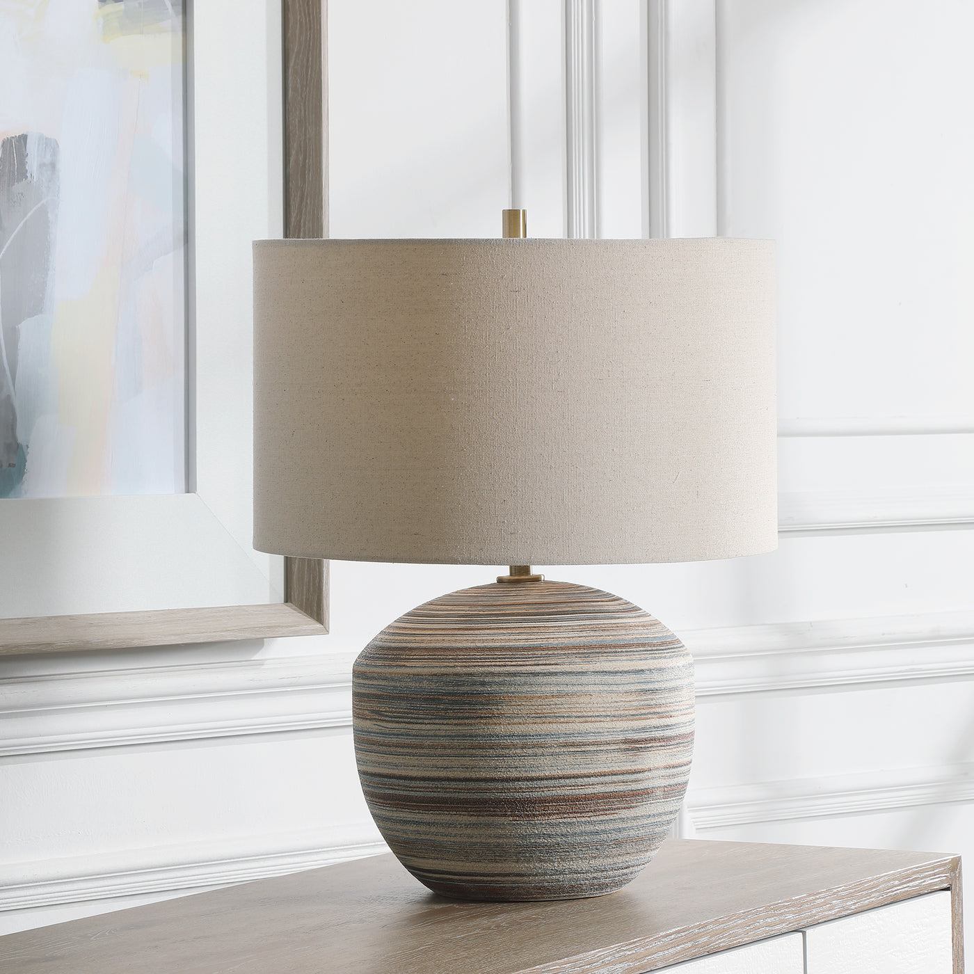This Ceramic Accent Lamp Features A Striped Motif In Neutral Shades Of Brown, Taupe, Cream And Blue Accented By Light Brus...