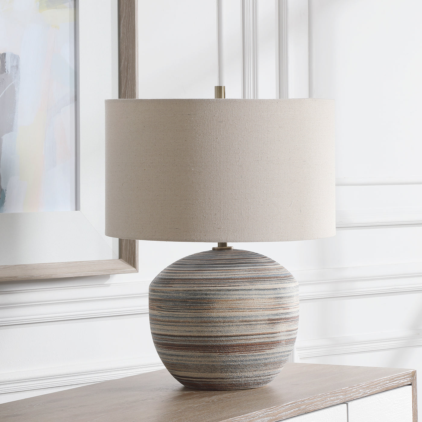 This Ceramic Accent Lamp Features A Striped Motif In Neutral Shades Of Brown, Taupe, Cream And Blue Accented By Light Brus...