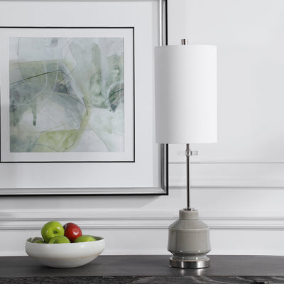 This Elegant Buffet Lamp Features A Clean Geometric Shaped Ceramic Base Finished In A Warm Gray Glaze, Accented By Polishe...