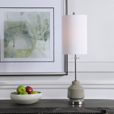 This Elegant Buffet Lamp Features A Clean Geometric Shaped Ceramic Base Finished In A Warm Gray Glaze, Accented By Polishe...