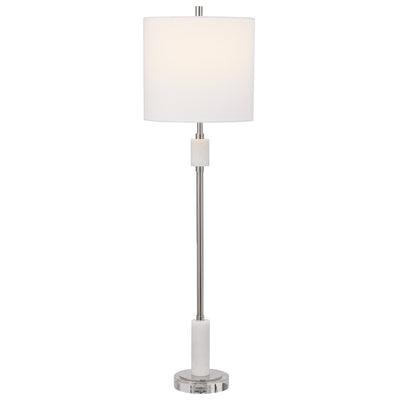 Showcasing A Transitional Elegance, This Buffet Lamp Features A Plated Polished Nickel Finish With Sophisticated White Mar...