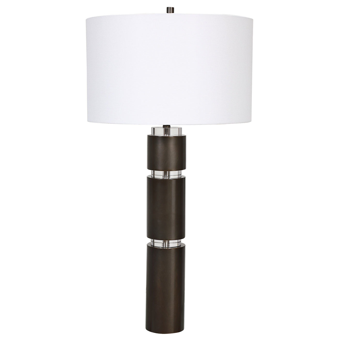 This Table Lamp Features A Sophisticated Design By Pairing Stacked Steel Columns In A Dark Bronze Finish With Elegant Crys...