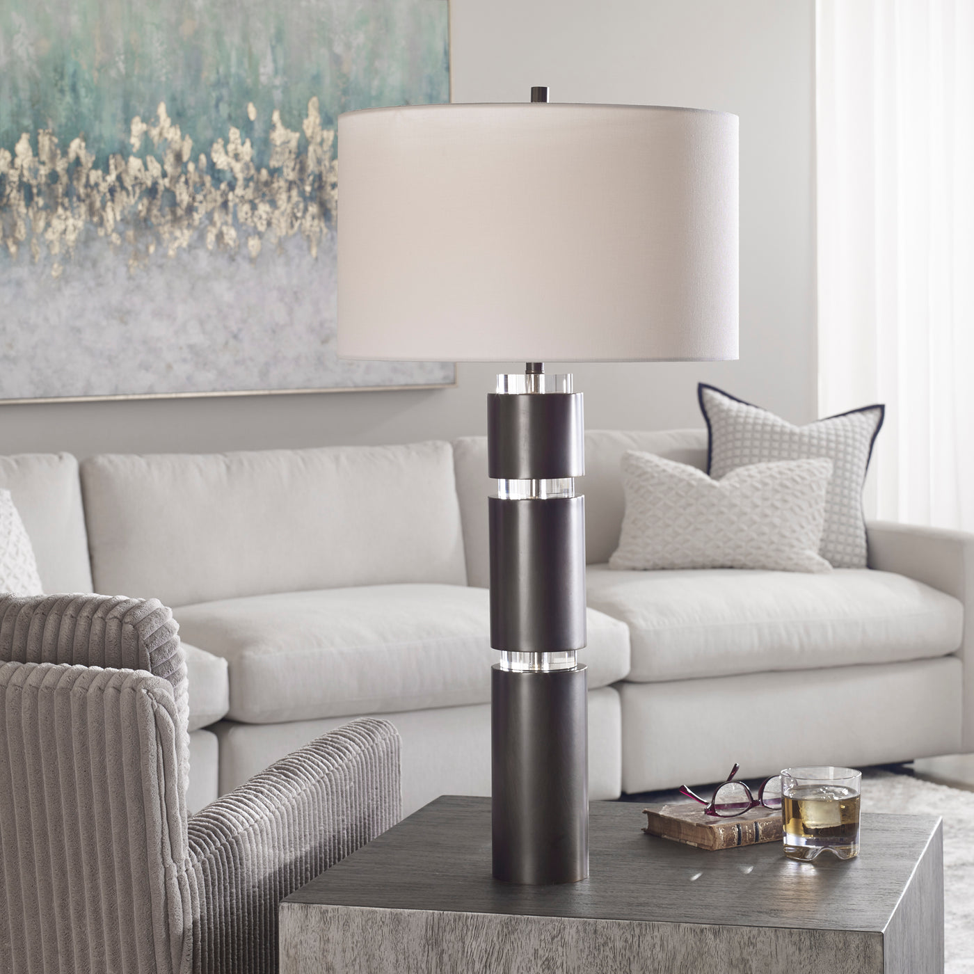 This Table Lamp Features A Sophisticated Design By Pairing Stacked Steel Columns In A Dark Bronze Finish With Elegant Crys...