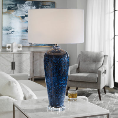 Reminiscent Of The Evening Sky, This Beautiful Table Lamp Features An Art Glass Base With Shades Of Navy, Cobalt And White...