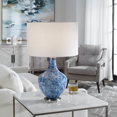 Showcasing A Curved Art Glass Base, This Elegant Table Lamp Features Rich Cobalt Blue And White Tones Displayed In A Soft ...