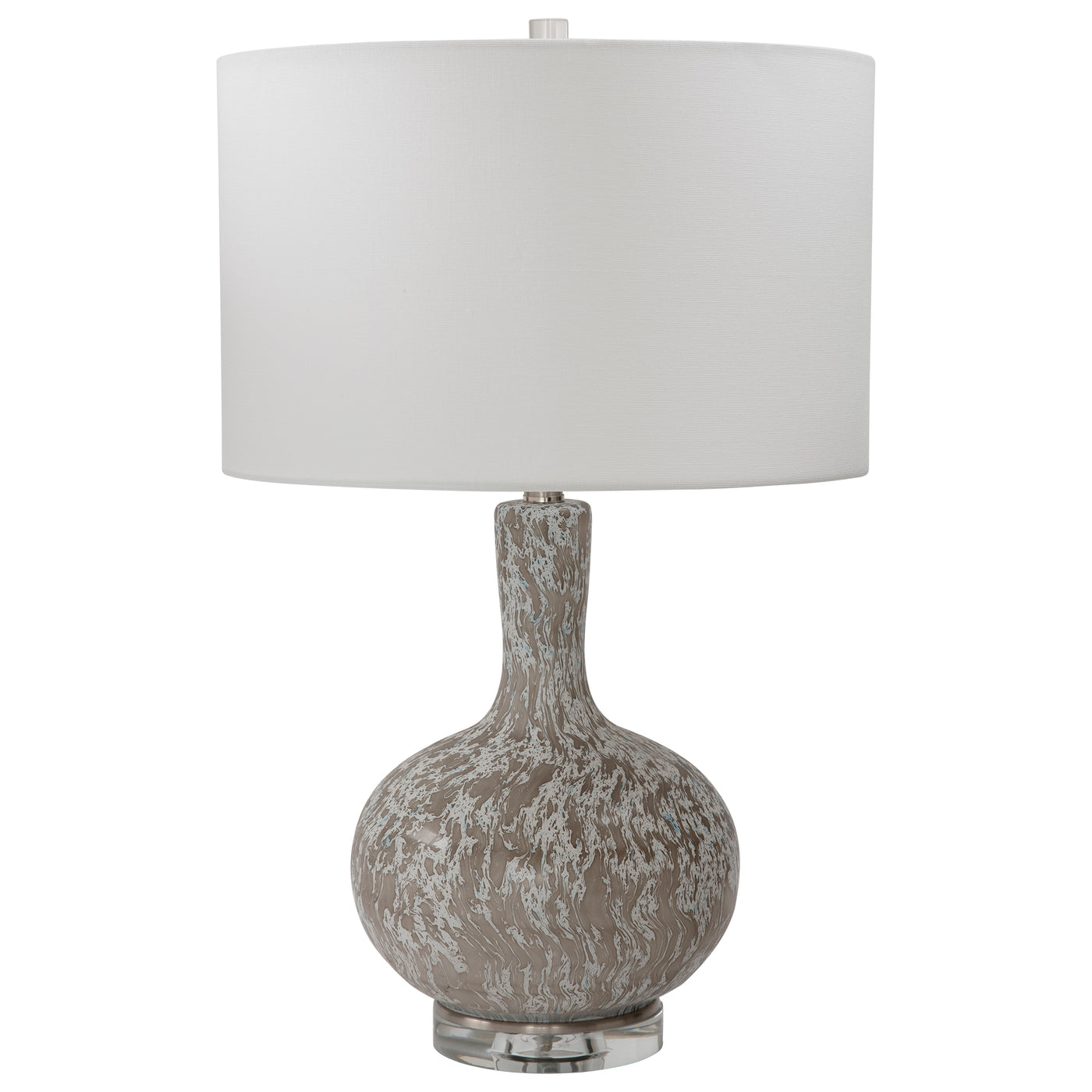 This Glass Table Lamp Features A Timeless Shape Finished In A Distressed White With A Myriad Of Black And Gray Flecks, Acc...
