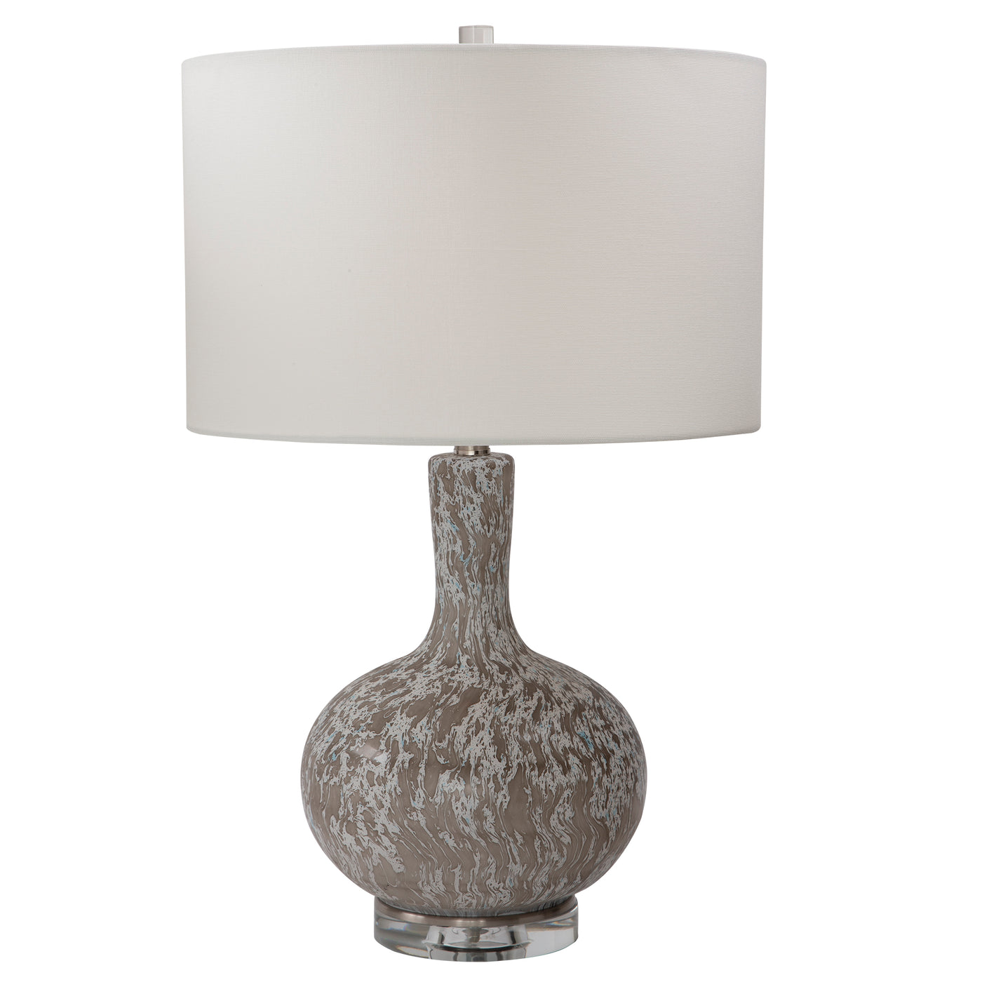 This Glass Table Lamp Features A Timeless Shape Finished In A Distressed White With A Myriad Of Black And Gray Flecks, Acc...
