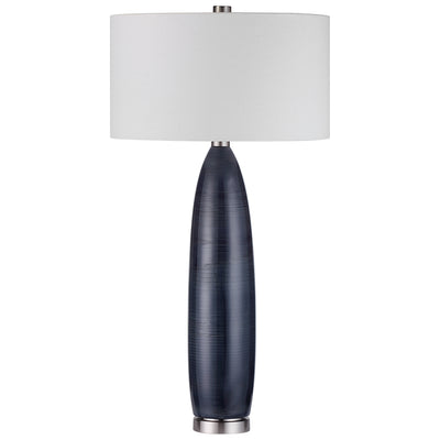 This Handcrafted Ceramic Table Lamp Showcases An Elevated Look With A Striped Motif And A Prussian Blue-gray Glaze. Brushe...