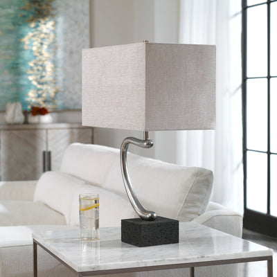 Inspired By Contemporary Art, This Table Lamp Features An Abstract Sculpture Finished In Tarnished Silver, Accented By A G...