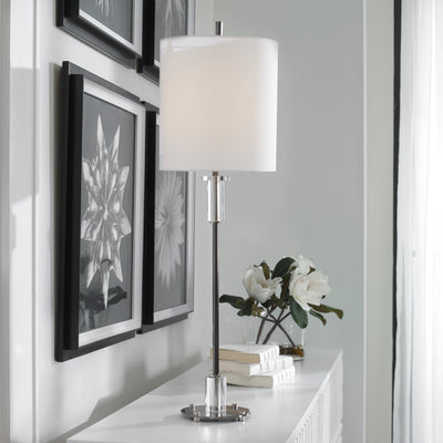 This Steel Buffet Lamp Features Clean, Simple Detailing With A Polished Nickel Base And Unique Foot, Adorned With Thick Cr...