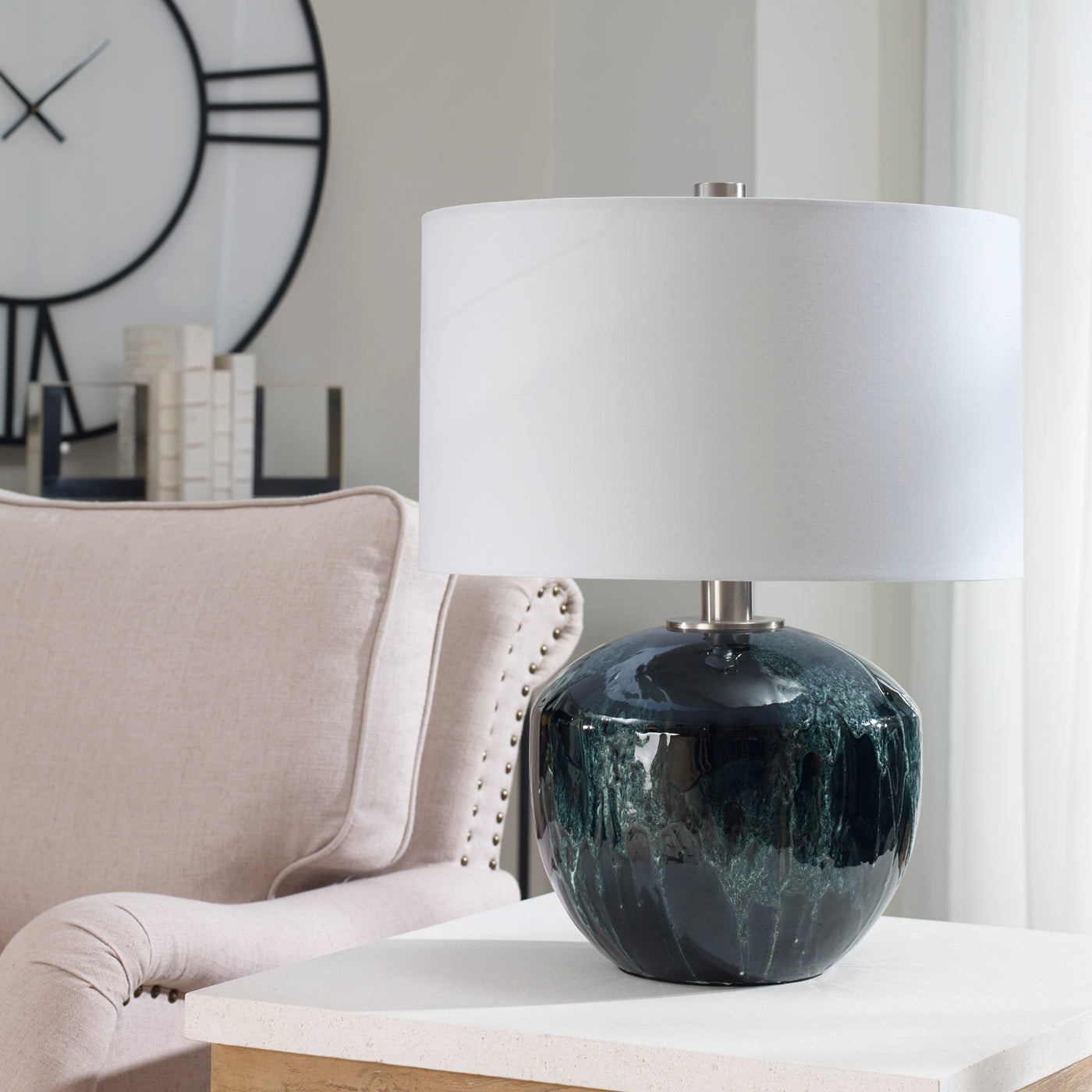 This Ceramic Table Lamp Features A Deep Emerald Green Drip Glaze With Subtle Ivory Undertones Paired With Brushed Nickel P...