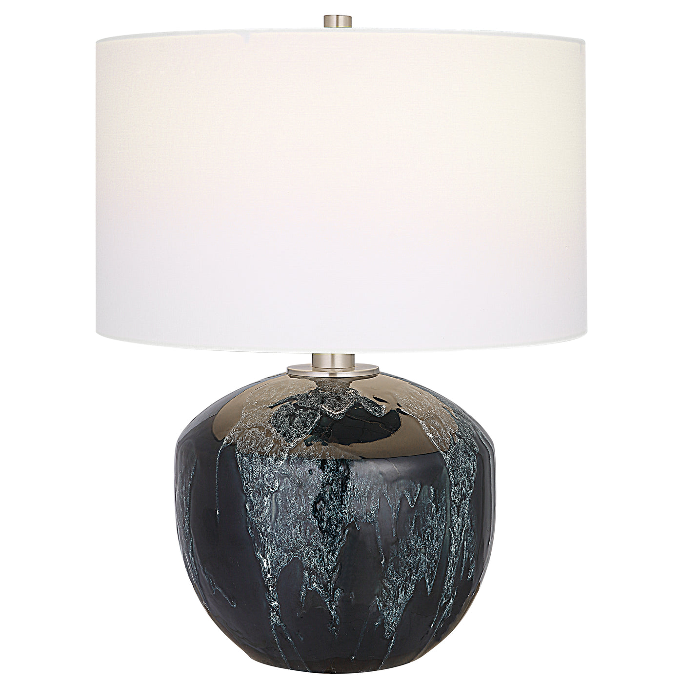 This Ceramic Table Lamp Features A Deep Emerald Green Drip Glaze With Subtle Ivory Undertones Paired With Brushed Nickel P...