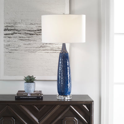Finished In A Distressed Deep Cobalt Blue Glaze With Subtle White Undertones, This Table Lamp Features A Textured Ceramic ...