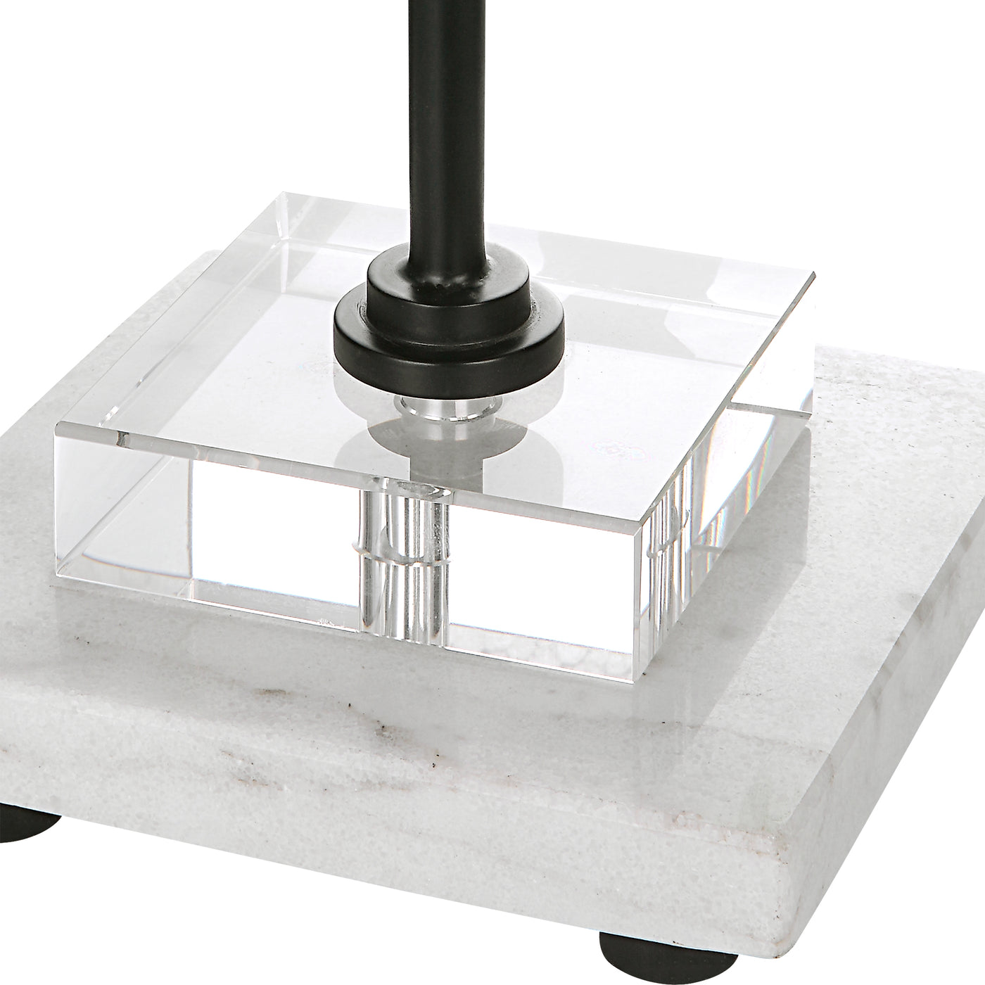 Sleek And Simple, This Buffet Lamps Features A Satin Black Metal Base Pearched On A Crystal Slab And A White Marble Foot W...