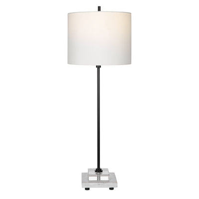 Sleek And Simple, This Buffet Lamps Features A Satin Black Metal Base Pearched On A Crystal Slab And A White Marble Foot W...