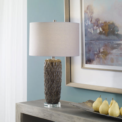 This Ceramic Table Lamp Features A Deep Mushroom Gray Glaze Over Carved Details, Accented With Polished Nickel Plated Deta...