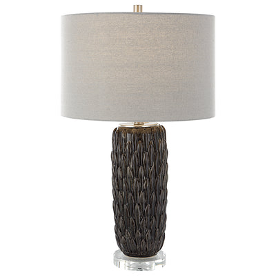 This Ceramic Table Lamp Features A Deep Mushroom Gray Glaze Over Carved Details, Accented With Polished Nickel Plated Deta...